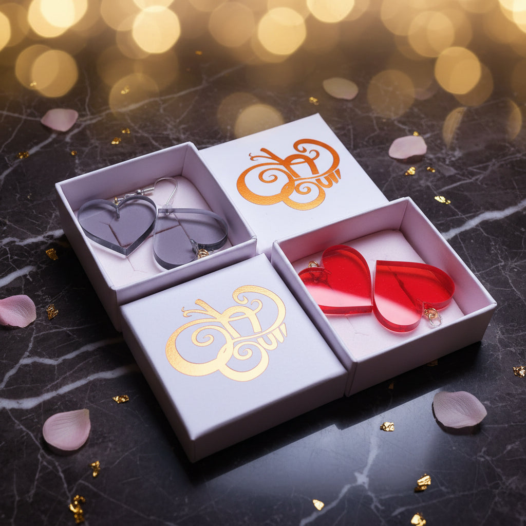 Boucles de d'oreilles ohouii, fabriquées en France. En forme de coeur rouge ou voir transparent. avec leur boîtes.