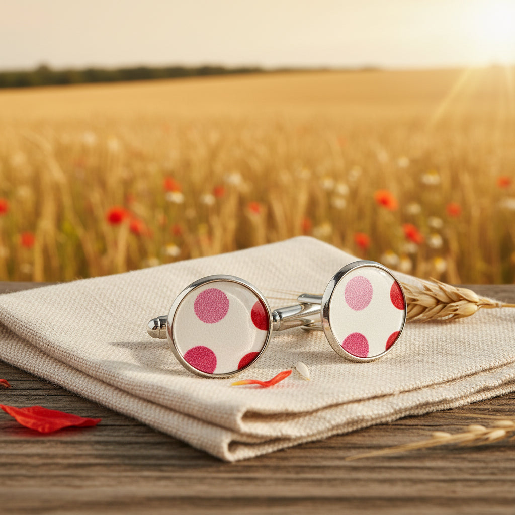 Boutons de manchettes ohouii fait made in France avec corps de couleur argent et rond en cuir blanc à pois dans les tons rosent rouge.