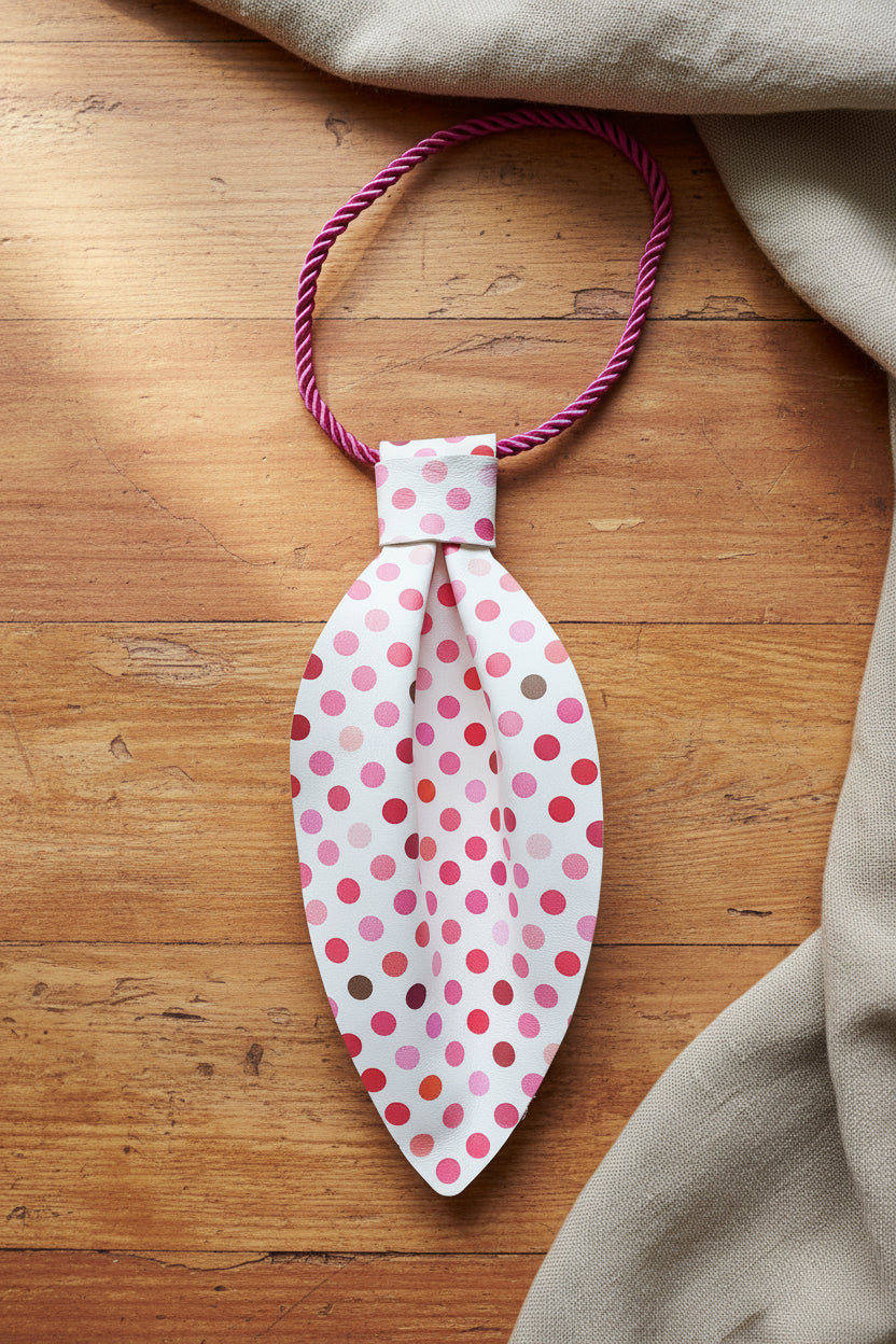 Cravate en cuir de qualité blanche à pois rose pour femmes. Sexy et élégante avec son cordon rose. 
