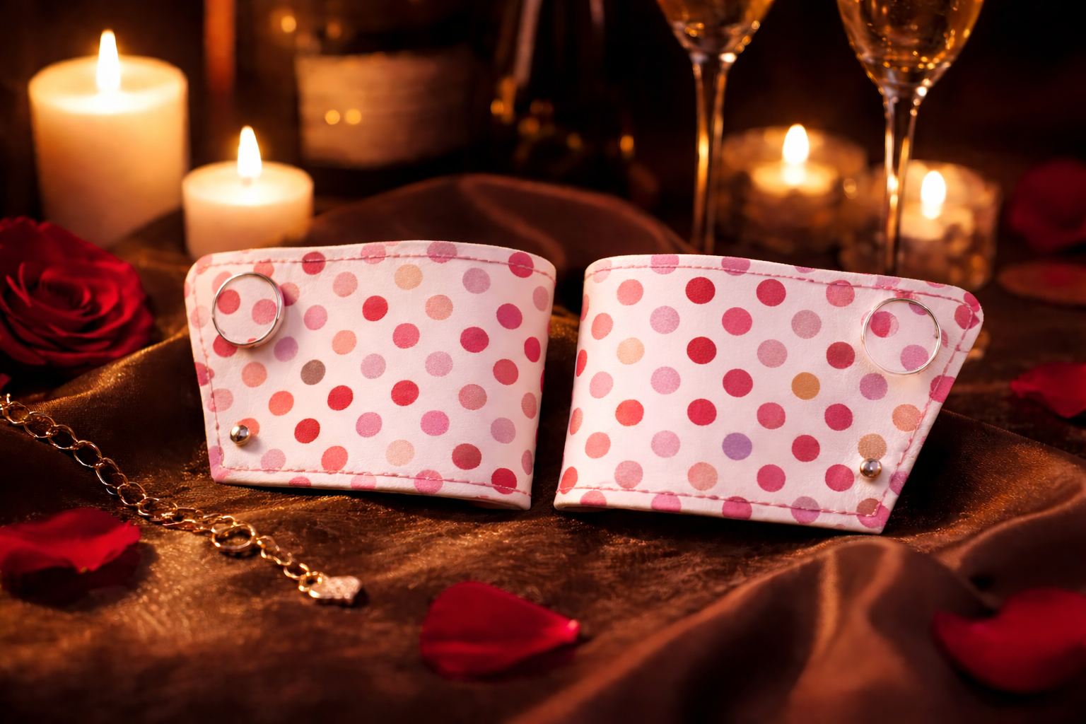 Manchettes en cuir Ohouii avec fermeture par bouton de col et bouton de manchette sexy. Blanc à pois rose.